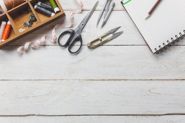 Workshop table with hoop and threads