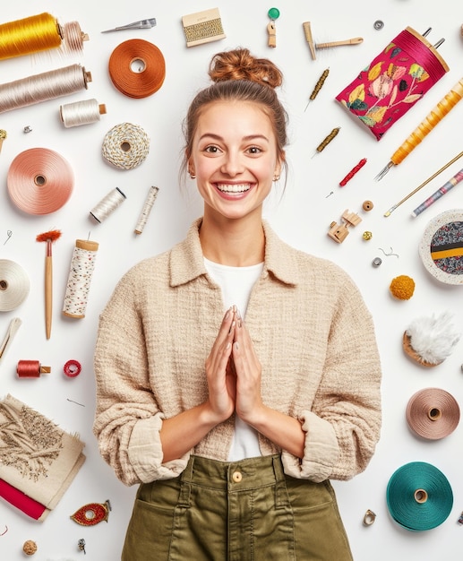 Happy student holding embroidered hoop